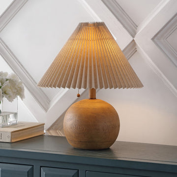 Aksel 17.25" Coastal Scandinavian Resin/Iron Sphere LED Table Lamp with Pleated Shade and Pull Chain - JONATHAN Y
